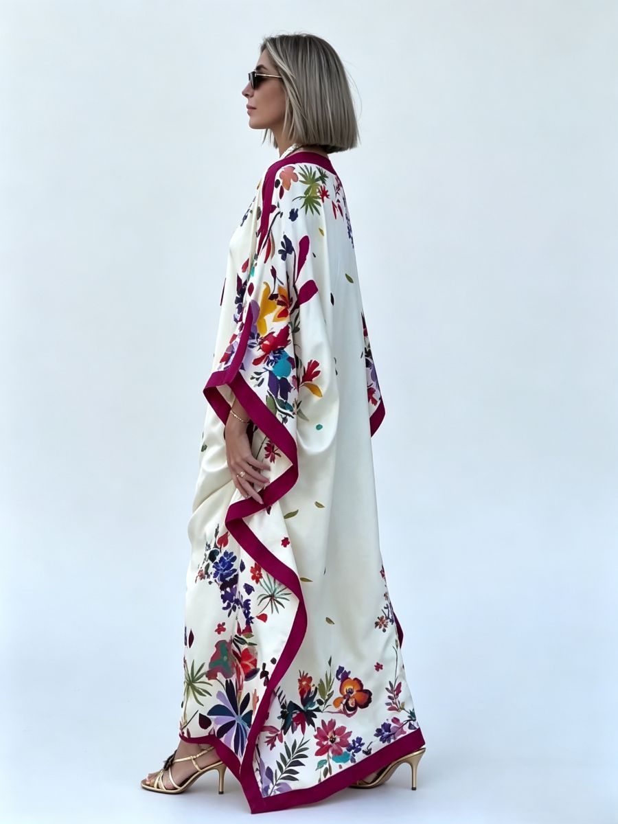 Cream Floral Burgundy Trim Satin Maxi Kaftan