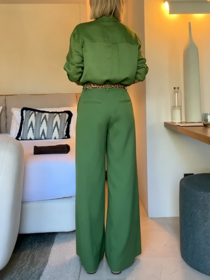 Vibrant Green Two-Piece Wide Leg Pants Outfit