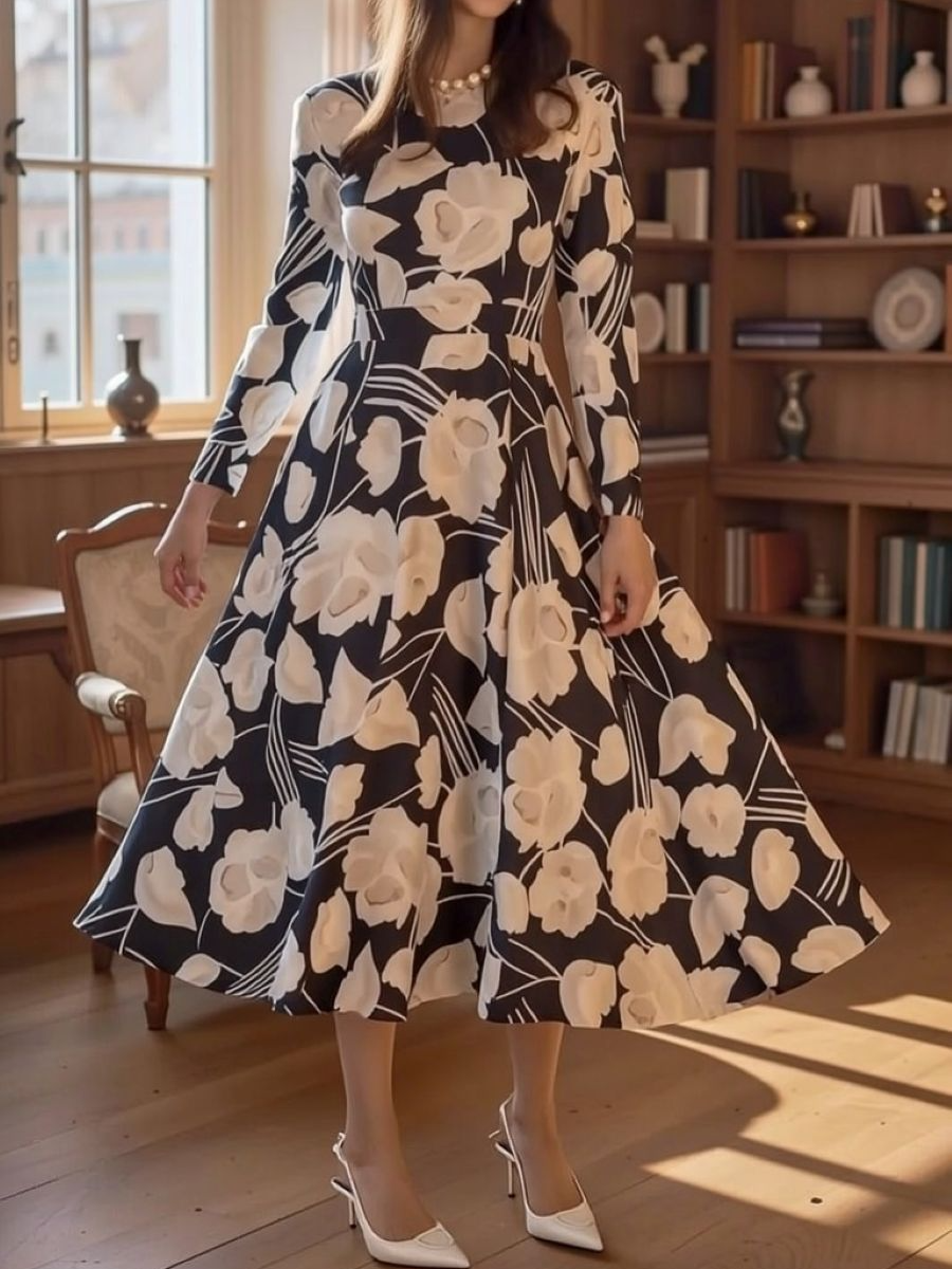 Satin Fit And Flare Floral Mid Dress