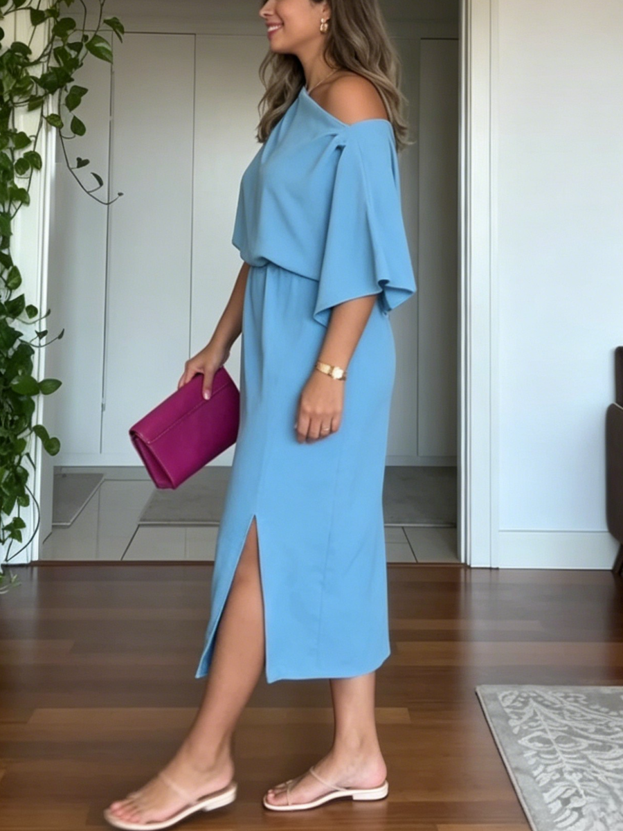 Draped Waist Side Slit Cold Shoulder Casual Midi Dress