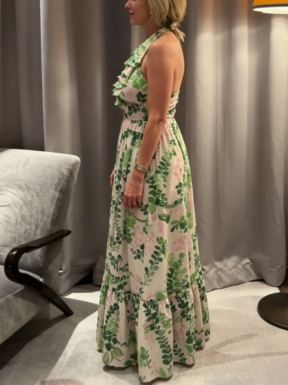 Halter Ruffle Green Leaf Print Maxi Dress