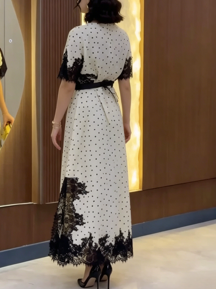 Vintage Polka Dot & Lace Trim Midi Dress