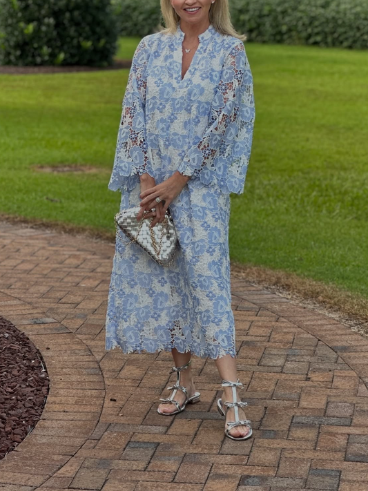 Women's Light Blue Floral Lace Bell Sleeve V-Neck Midi Dress