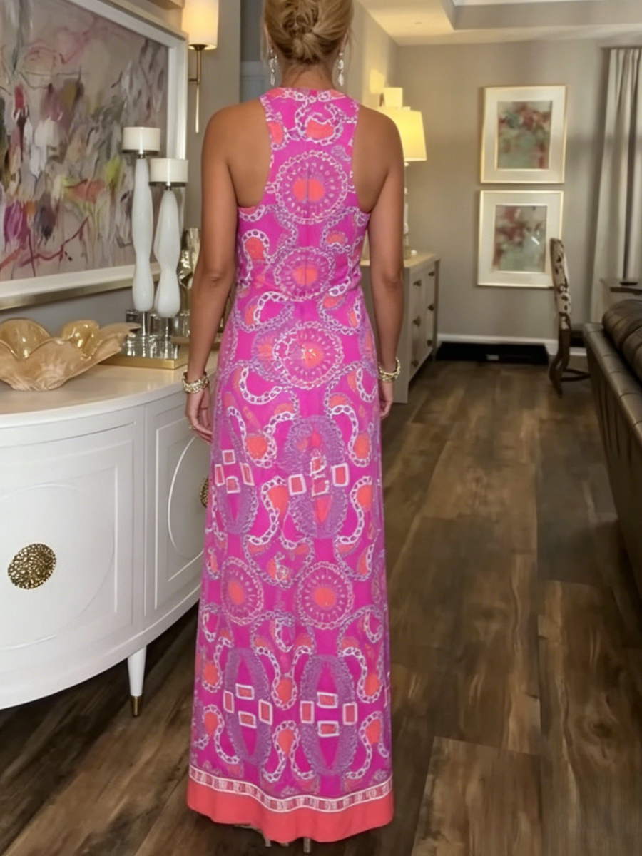 Sleeveless Chain Print Keyhole Maxi Dress