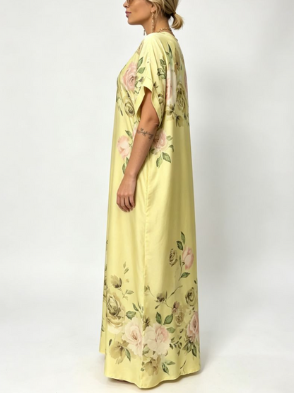 Yellow Floral V Neck Satin Maxi Kaftan Dress