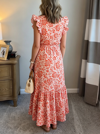 Pink Base Red Flower Flutter Sleeve Ruffle Hem Midi Dress