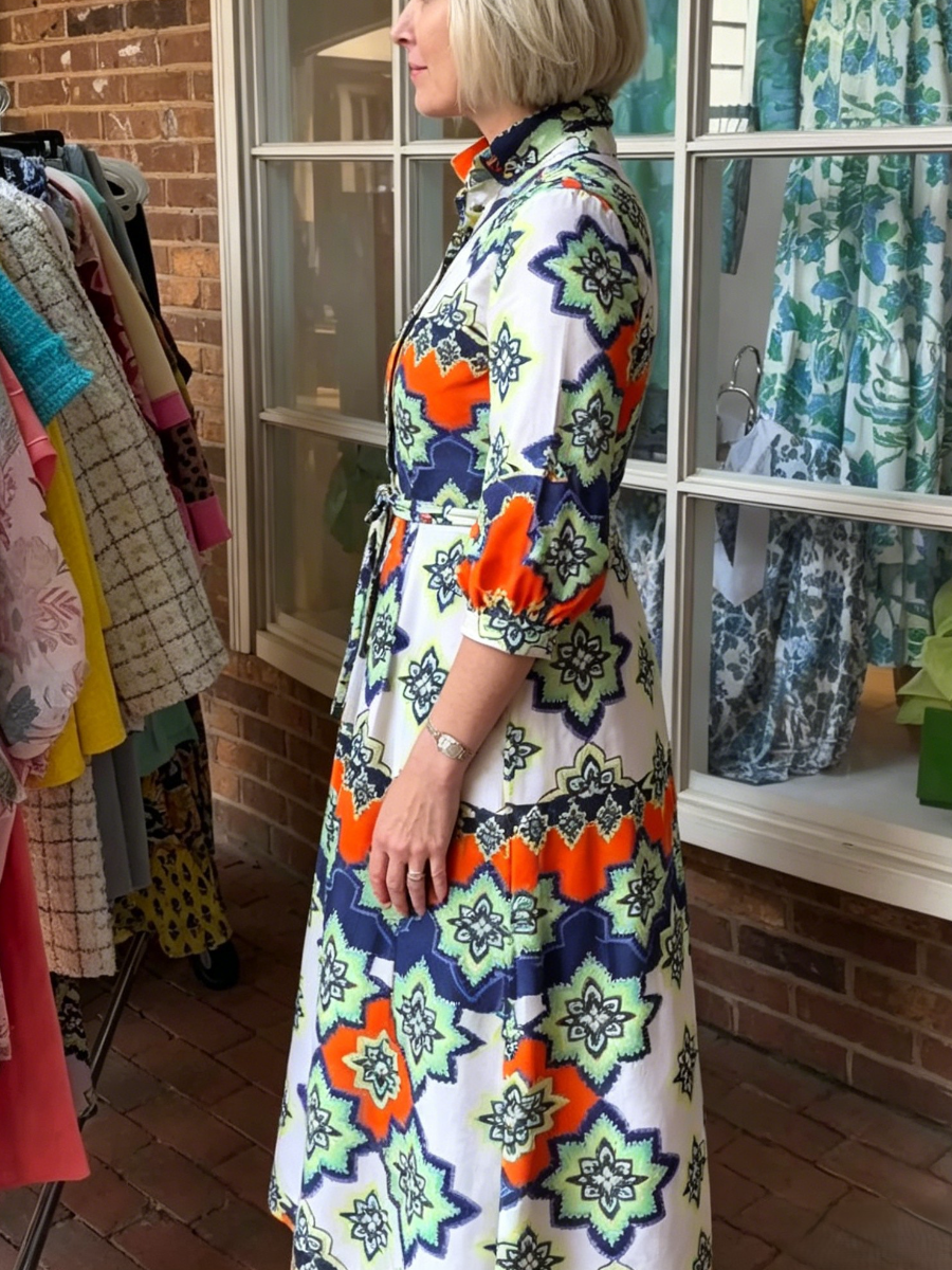 Color Block Ethnic Print Waist Tie Shirt Midi Dress