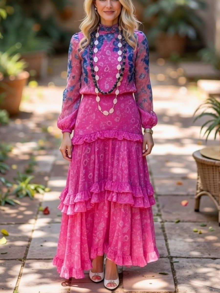 Pink Floral Tiered Ruffle Chiffon Maxi Dress