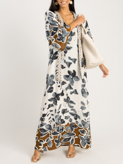 Grey Floral Print Maxi Kaftan Dress