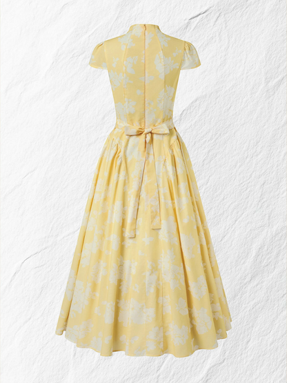 Yellow Floral Jacquard Midi Dress