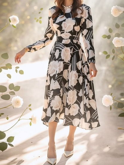 Satin Fit And Flare Floral Mid Dress