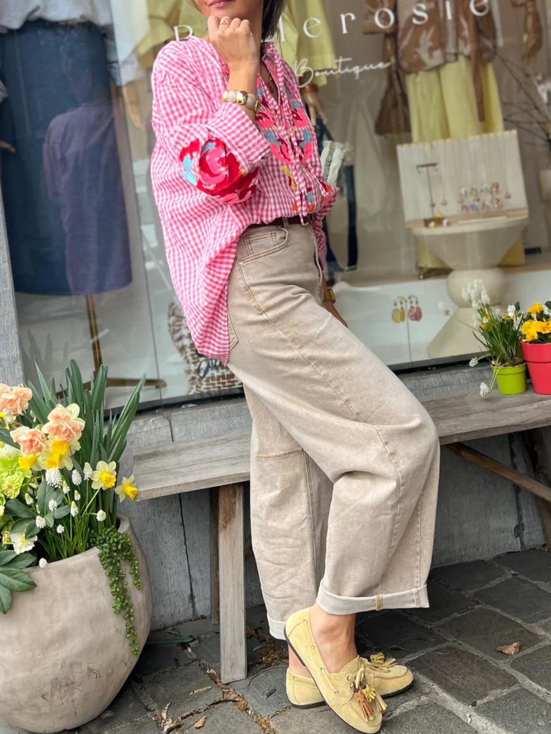Premium Pink Gingham Embroidered Blouse