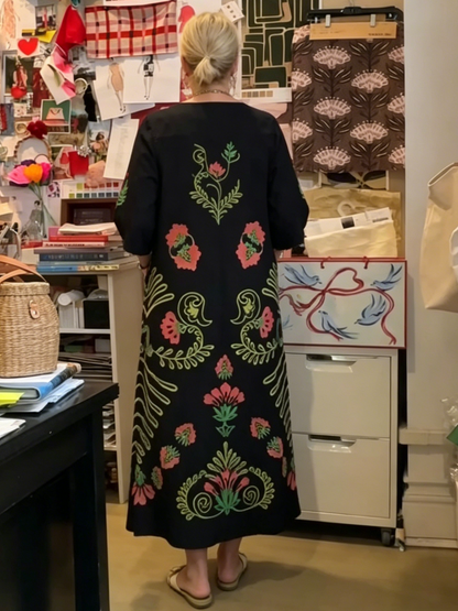 Vibrant Floral Embroidered Black Maxi Dress