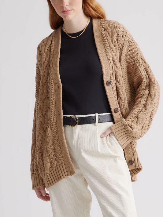 Camel Cable Knit Oversized Cardigan | V-Neck Button-Front Chunky Knit Sweater