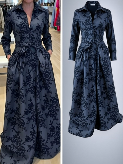 Grey Floral Flocked Belted Maxi Shirt Dress
