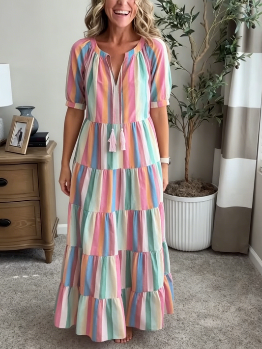Colorful Stripe Puff Sleeve Tiered Maxi Dress