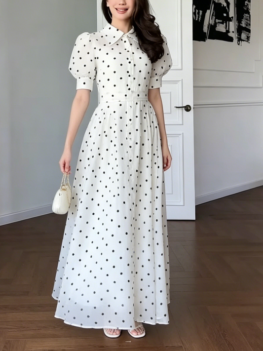 Vintage-Inspired White Polka Dot Maxi Dress