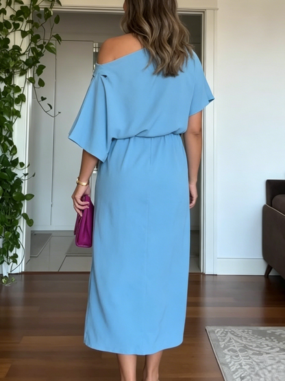 Draped Waist Side Slit Cold Shoulder Casual Midi Dress