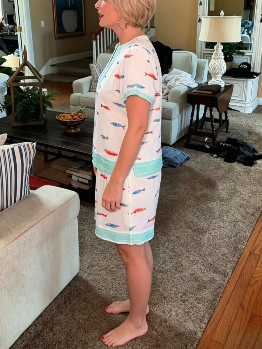 Cute Fish Pattern Contrast Trim Loungewear Two Piece Set