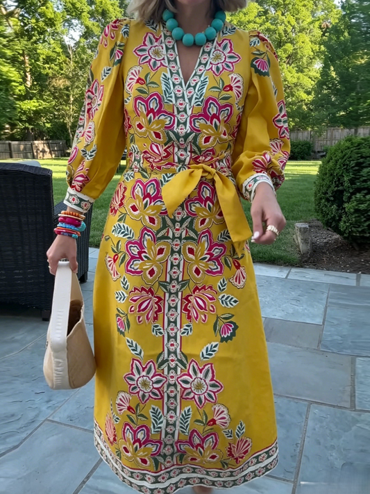 Puff Sleeve Boho Floral Midi Dress