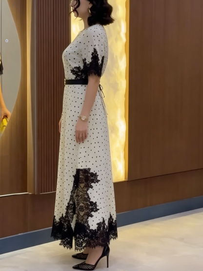 Vintage Polka Dot & Lace Trim Midi Dress