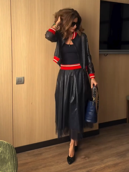 Red Trim Faux Leather Two-Piece Set