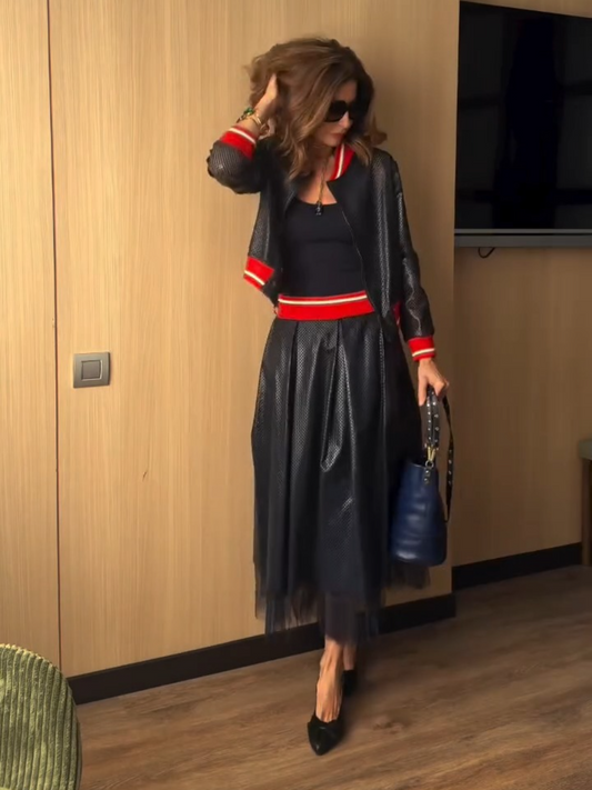 Red Trim Faux Leather Two-Piece Set
