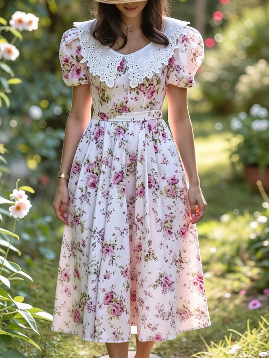 Pink Floral Lace Collar Puff Sleeve Midi Dress