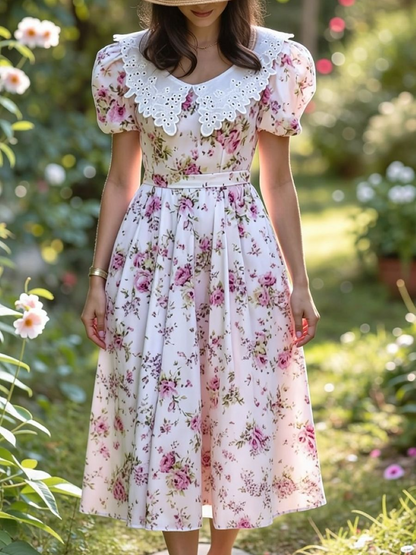 Pink Floral Lace Collar Puff Sleeve Midi Dress