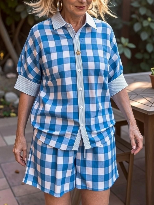 Blue Gingham Contrast Trim 2 Piece Short Set