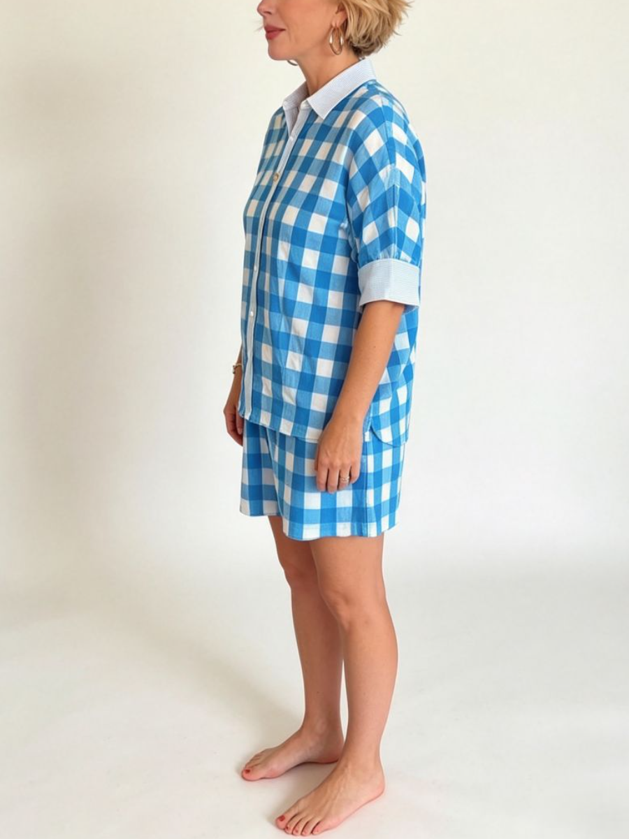 Blue Gingham Contrast Trim 2 Piece Short Set
