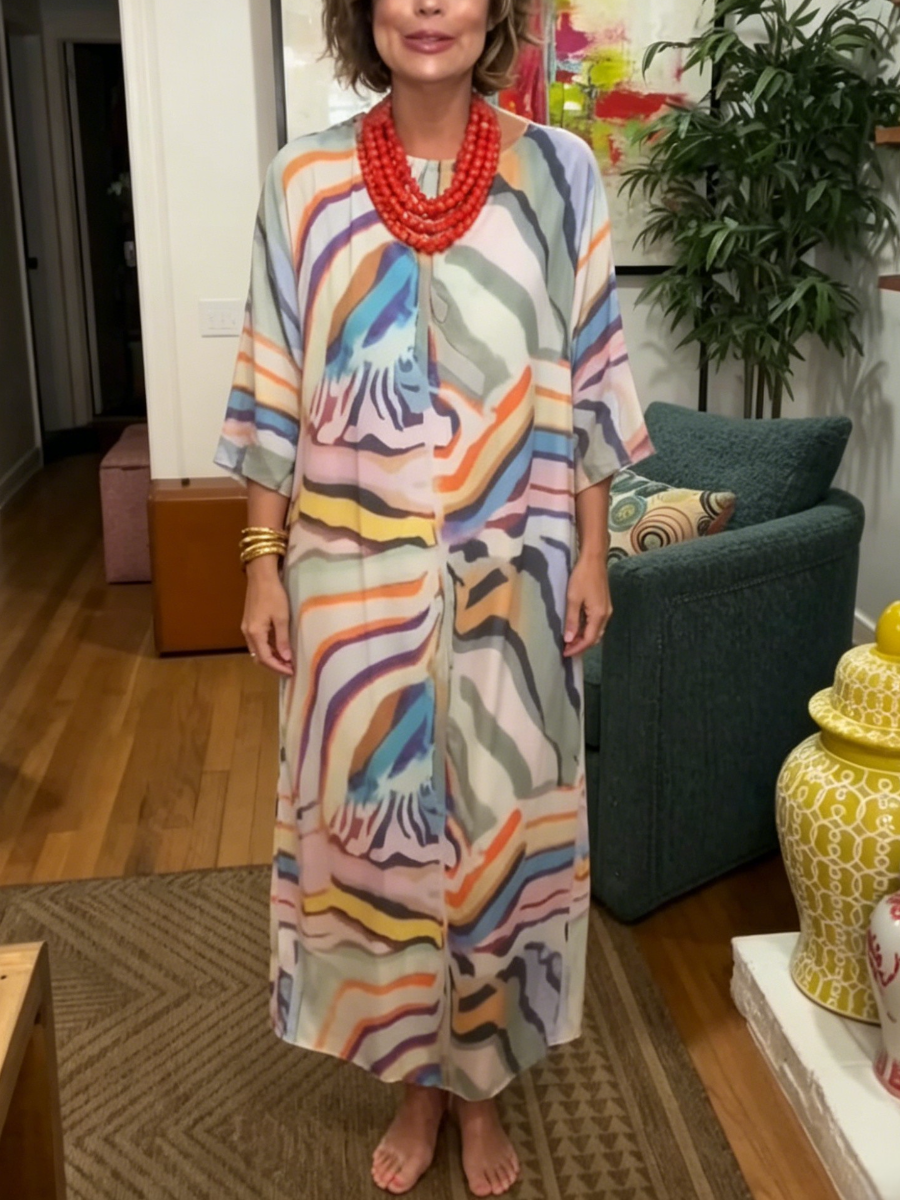 Watercolor Stripe Print V Neck Oversized Caftan Tunic Dress