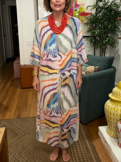 Watercolor Stripe Print V Neck Oversized Caftan Tunic Dress