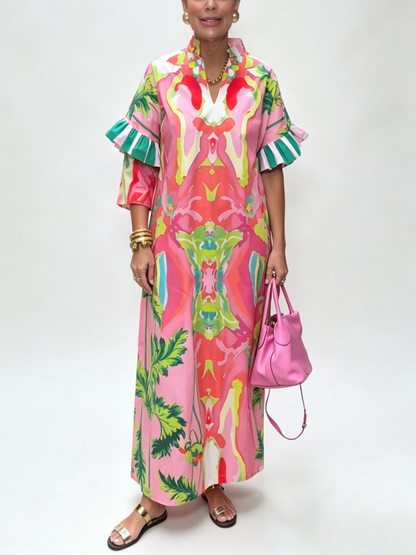 Pink Abstract Tropical Print Stand Collar Ruffle Cuff Loose Maxi Kaftan Dress