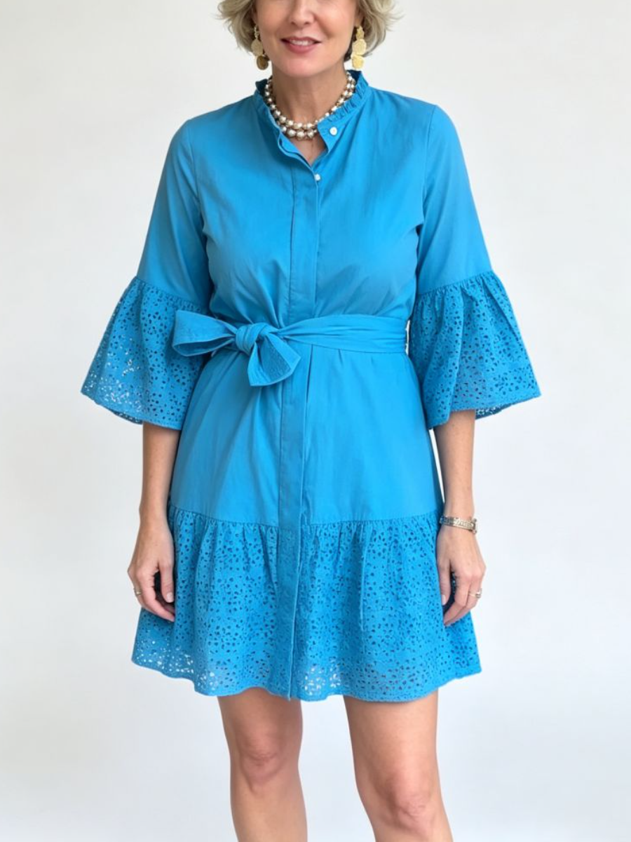Blue Eyelet Belted Bell Sleeve Mini Shirt Dress