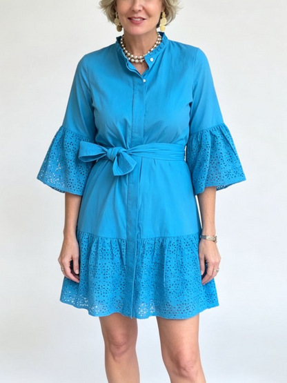 Blue Eyelet Belted Bell Sleeve Mini Shirt Dress