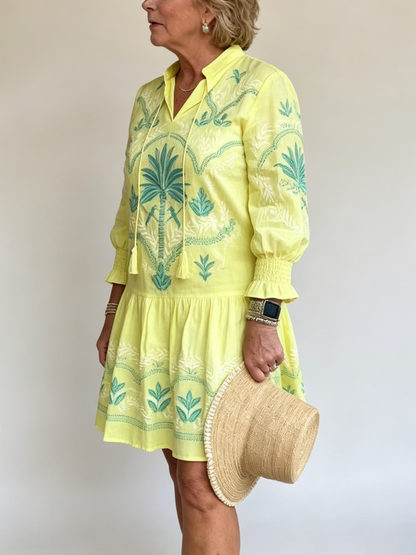 Tropical Palm Embroidered Yellow Vacation Tassel Loose Mini Dress