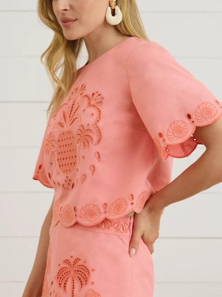 Coral Pineapple Embroidered Eyelet Crop Top