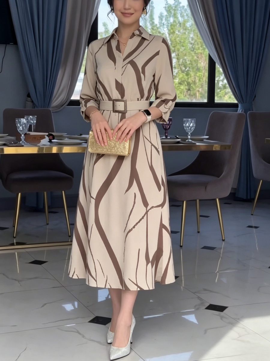 Chic Beige & Brown Abstract Print Midi Shirt Dress