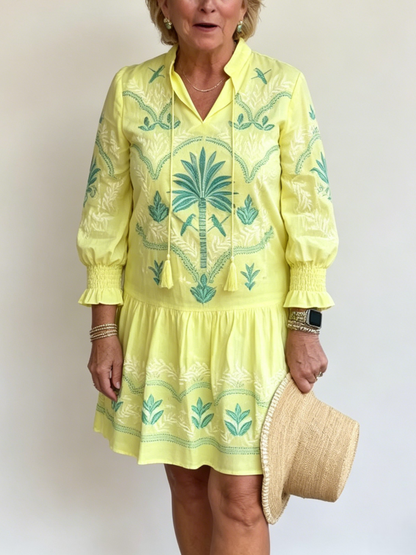 Tropical Palm Embroidered Yellow Vacation Tassel Loose Mini Dress