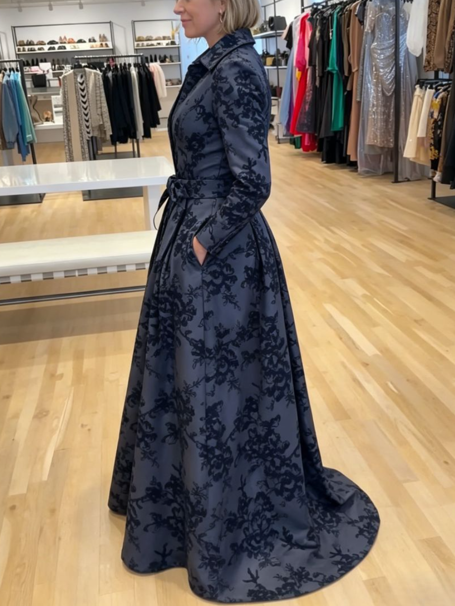 Grey Floral Flocked Belted Maxi Shirt Dress