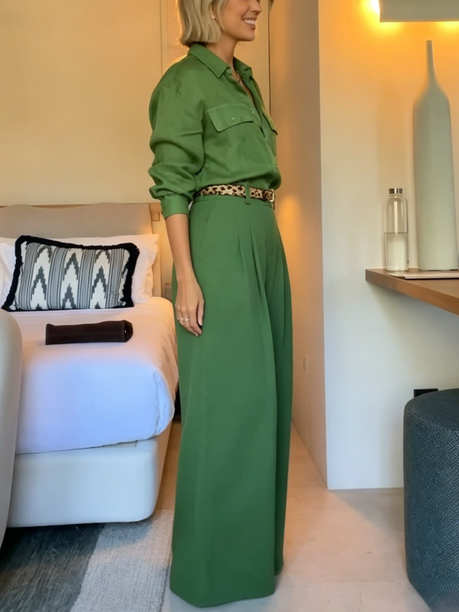 Vibrant Green Two-Piece Wide Leg Pants Outfit