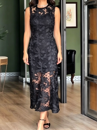 Black Floral Lace Midi Dress
