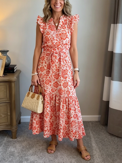 Pink Base Red Flower Flutter Sleeve Ruffle Hem Midi Dress