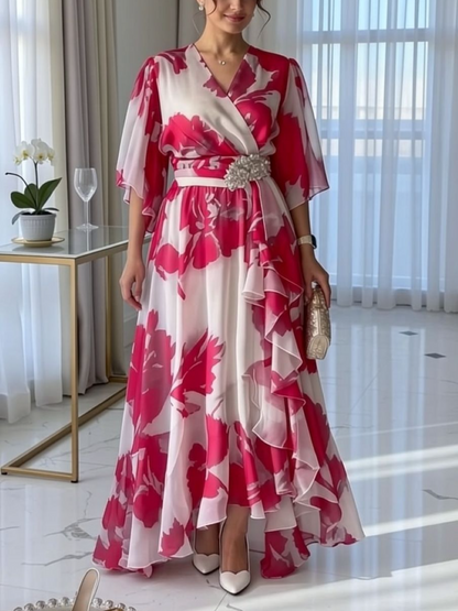 Red Floral Pleated V-Neck Dress
