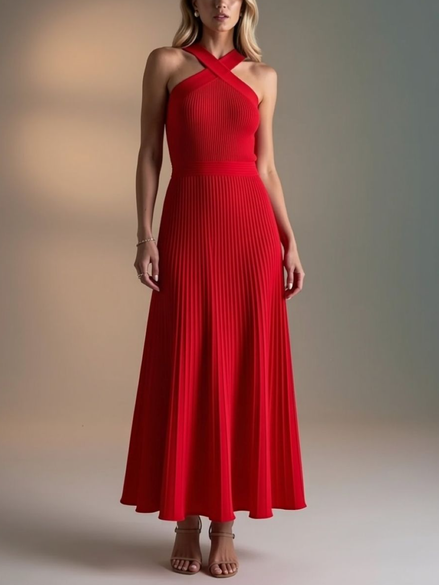 Elegant Red Halter Pleated Midi Event Dress