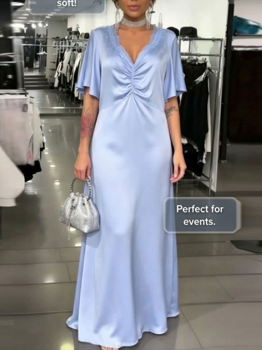 Light Blue Lace Trim Satin Maxi Dress