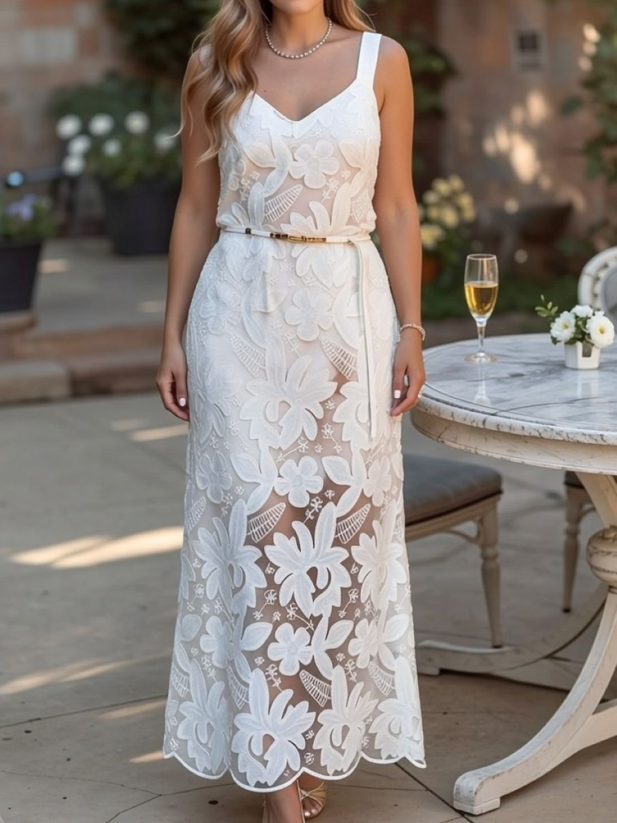 White Floral Lace Belted Midi Dress
