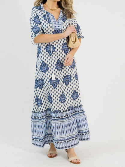 Blue White Boho Print Tiered Maxi Dress