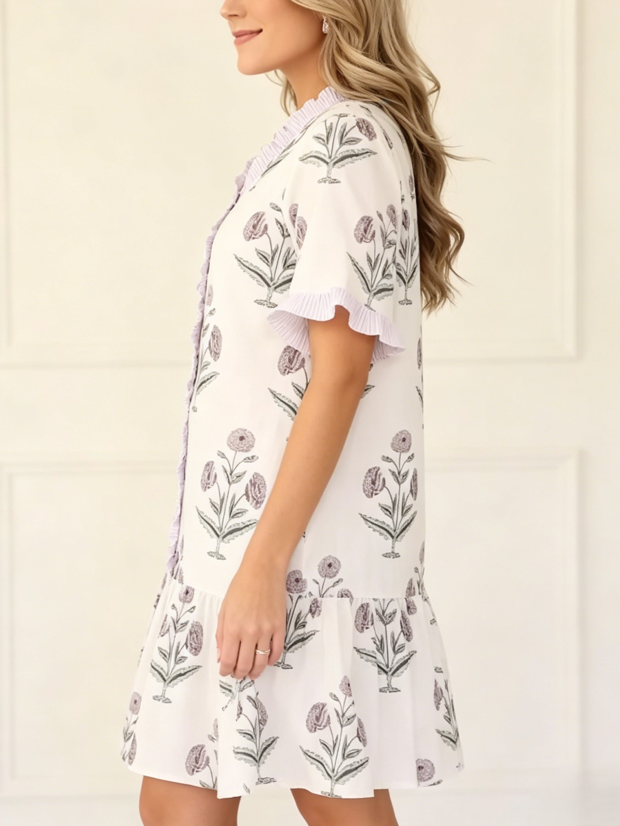 White Purple Floral Ruffle Trim Tiered Mini Dress